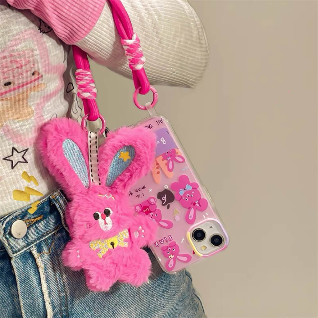 Hot pink bunny phone case with fluffy bunny charm for iPhone Supercutecollection Hot pink bunny phone case with fluffy bunny charm for iPhone Supercutecollection