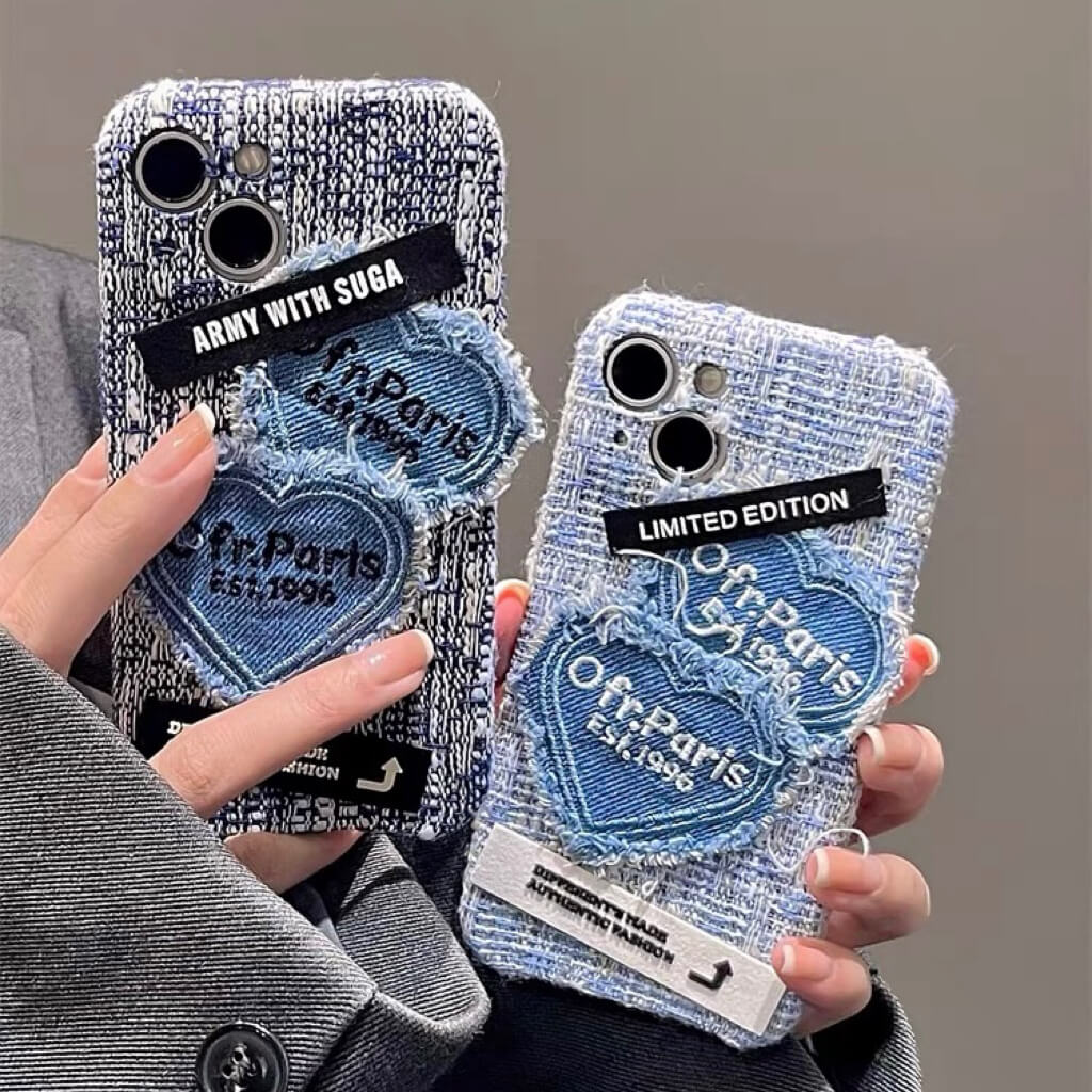 Denim embroidered love shape phone case for iPhone – Supercutecollection Denim embroidered love shape phone case for iPhone – Supercutecollection