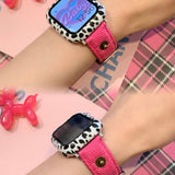 Hot pink and blue denim with cow pattern case Apple watch band