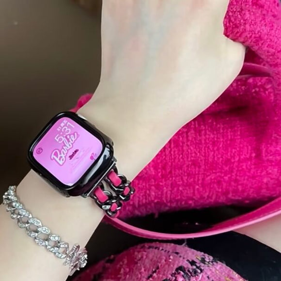 Black pink metal and leather Apple watch band