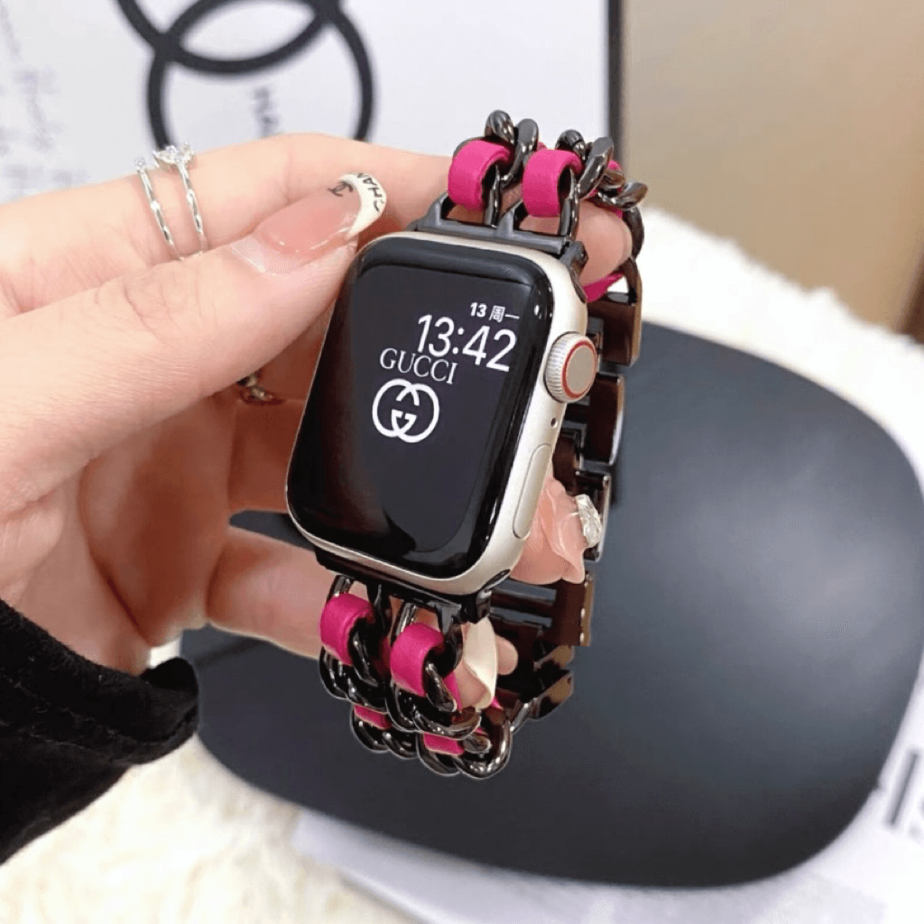 Black pink metal and leather Apple watch band – Supercutecollection