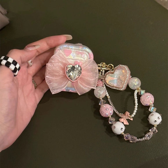 Coquette style pink bow airpods cases with remantic beads charm