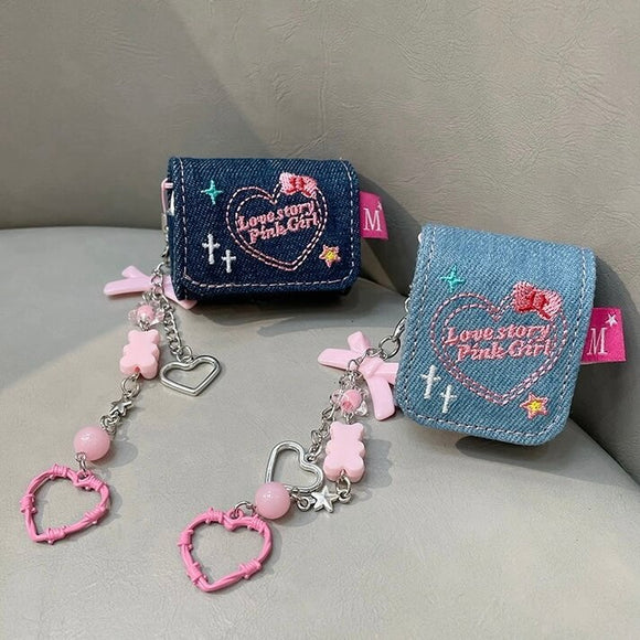 Pink girl sweet denim airpods cases with heart shape strape