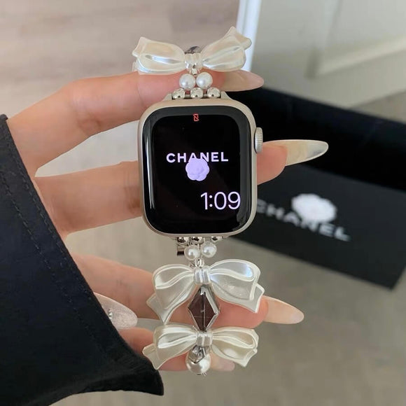 Soft girl white bow pearl bracelet style  Apple watch band