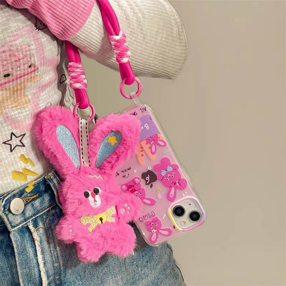 Hot pink bunny phone case with fluffy bunny charm for iPhone