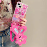 Hot pink bunny phone case with fluffy bunny charm for iPhone
