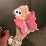 So soft pink butterfly fluffy phone case with shoulder strape for iPhone