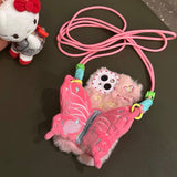 So soft pink butterfly fluffy phone case with shoulder strape for iPhone