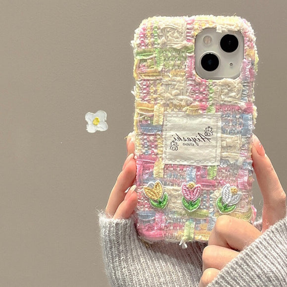 Colorful tulip embroidery knitted plush phone case  for iPhone