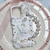 Baroque Angel & Gold Rose Decoden Phone Case with Pearl Wrist Strap | Luxury White Customized 3D Butterfly Cream Glue Cover for iPhone & Android