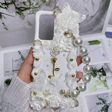 Baroque Angel & Gold Rose Decoden Phone Case with Pearl Wrist Strap | Luxury White Customized 3D Butterfly Cream Glue Cover for iPhone & Android