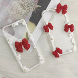 Coquette Red Bow Decoden Phone Case with Phone Grip | Handmade French Vintage Cream Glue Pearl Case for iPhone & Android