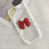 Coquette Red Bow Decoden Phone Case with Phone Grip | Handmade French Vintage Cream Glue Pearl Case for iPhone & Android