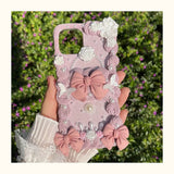Coquette Pink Bow Decoden Phone Case | Handmade Customized Pearl & Rose Cream Glue Case for iPhone & Android