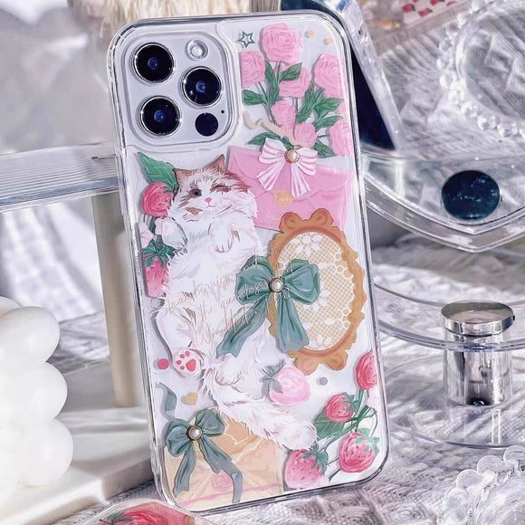 Supercute little kitten with PINK roses Handmade phone case for iPhone & Andriod
