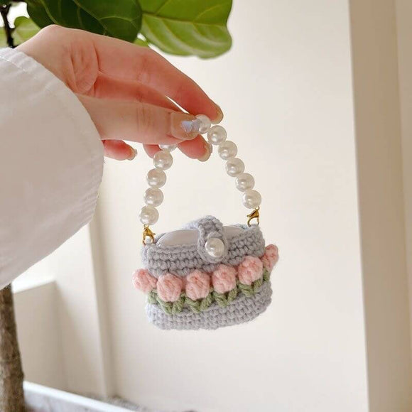 Pink tulips knitted airpods cases with Pearl handle