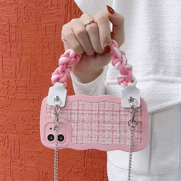 Classic French pink weaving phone case with hanging strap for iPhone