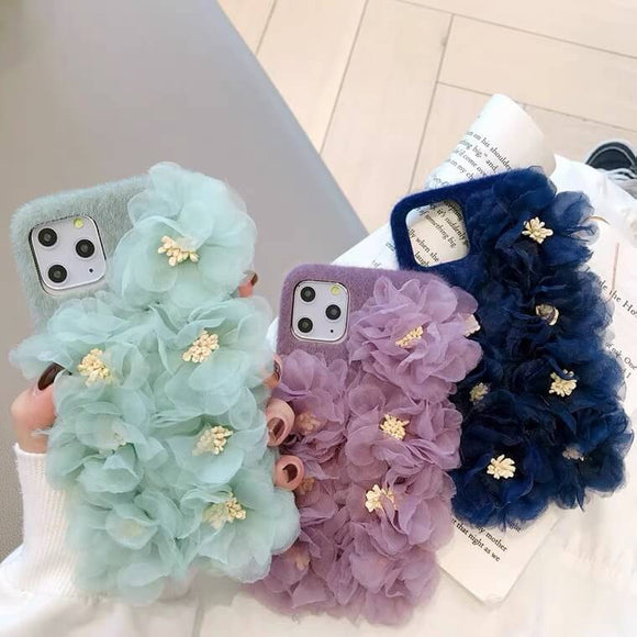 Green purple blue chiffon flower plush romatic phone case  for iPhone