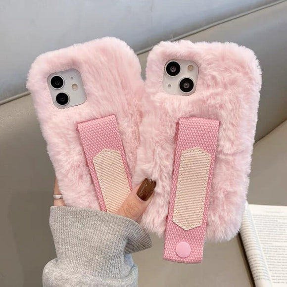 Canvas wristband soft pink fluffy phone case for iPhone