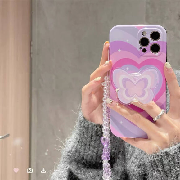 Purple Butterfly Heart with a strap and holder phone case for iPhone